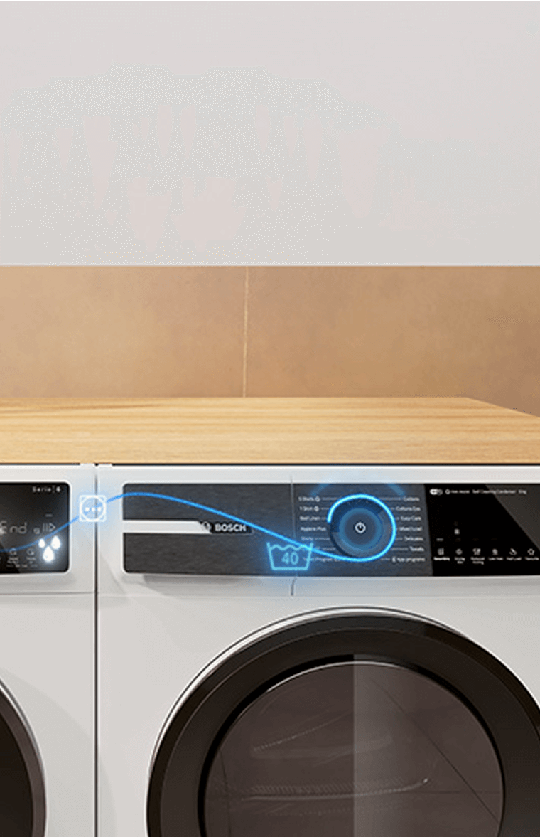Pralka i suszarka Bosch obok siebie. Łączą się za pomocą aplikacji