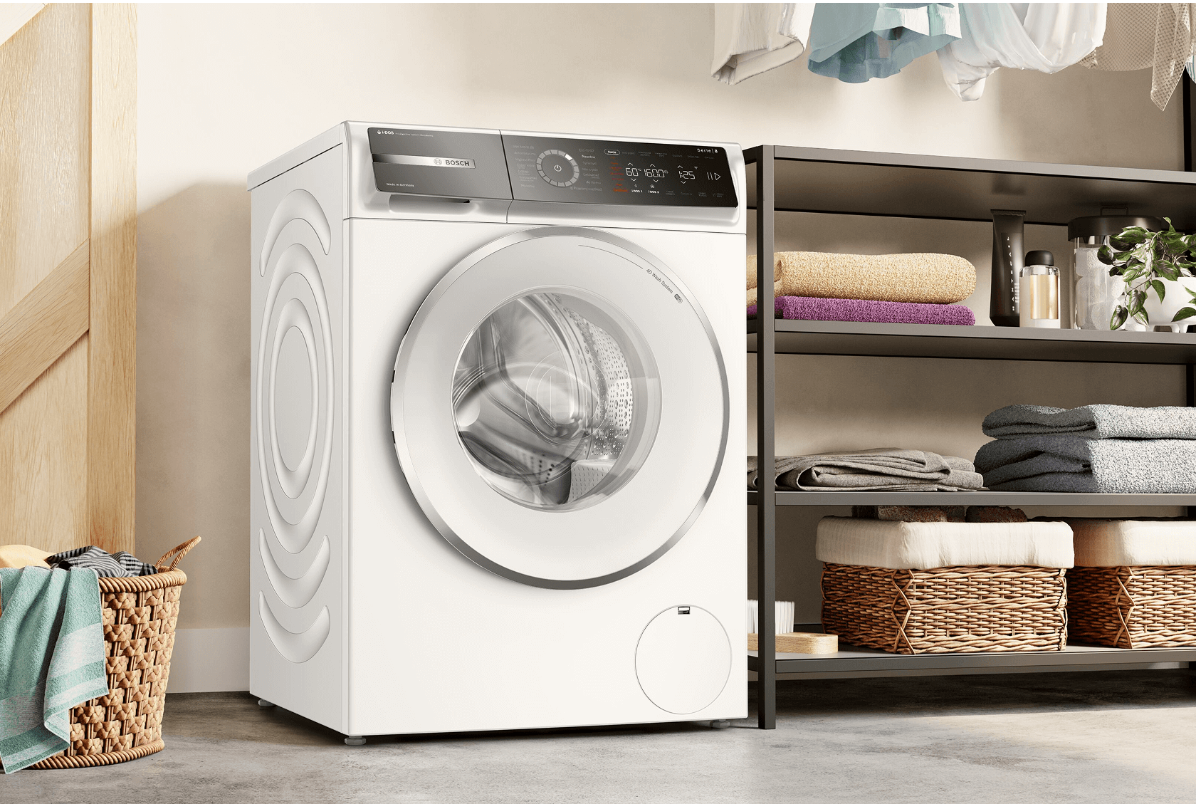 Pralka stojąca w nowoczesnej łazience