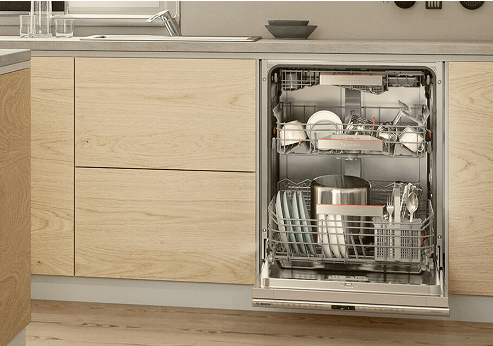 Otwarta zmywarka Bosch w nowoczesnej kuchni z oświetleniem LED
