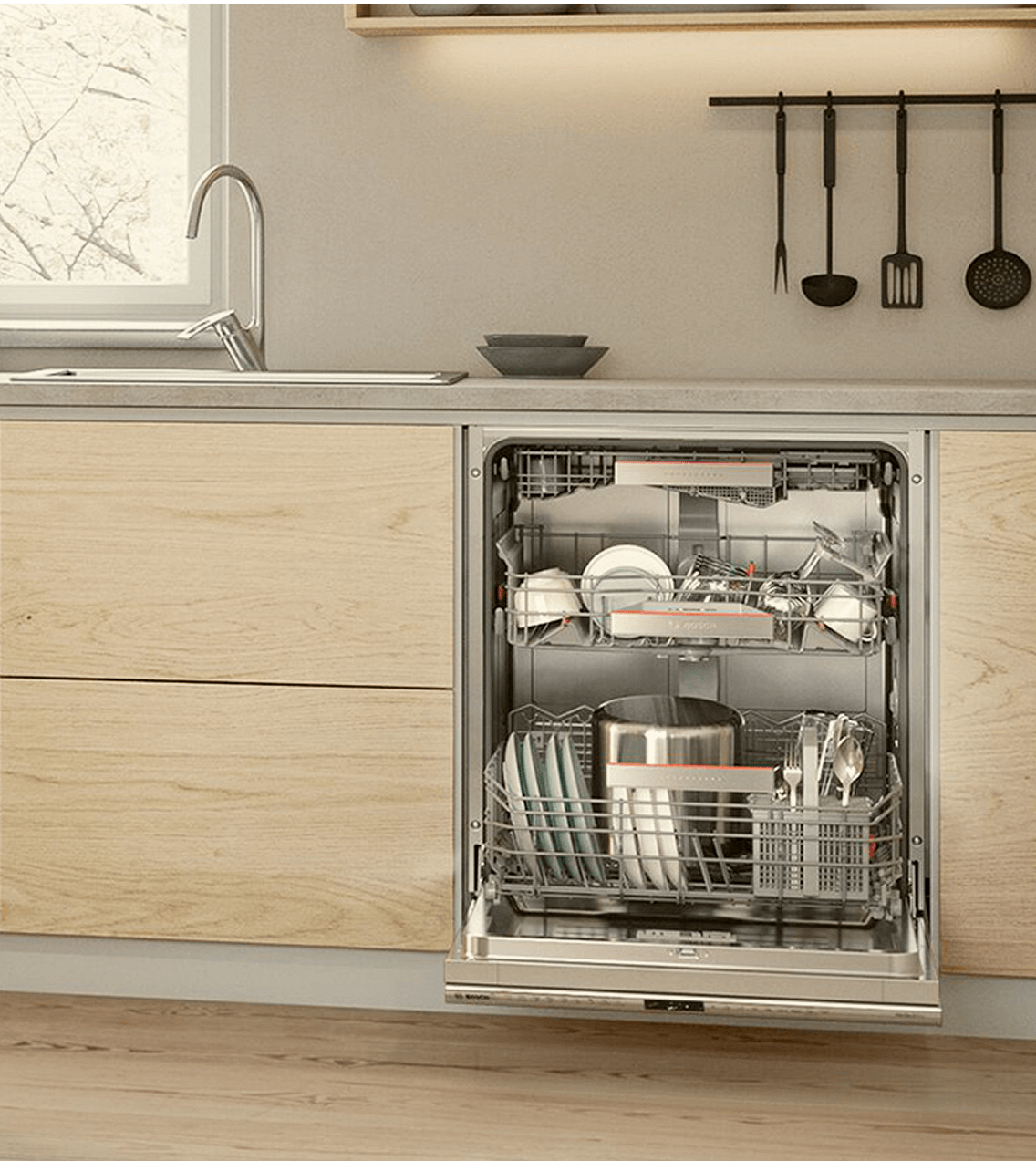 Otwarta zmywarka Bosch w nowoczesnej kuchni z oświetleniem LED
