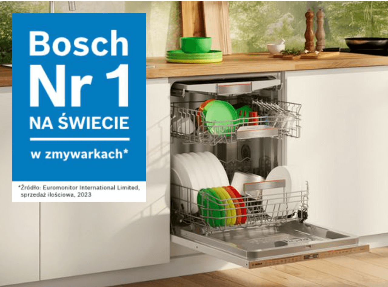 Wnętrze zmywarki Bosch w kuchni, z widocznymi naczyniami