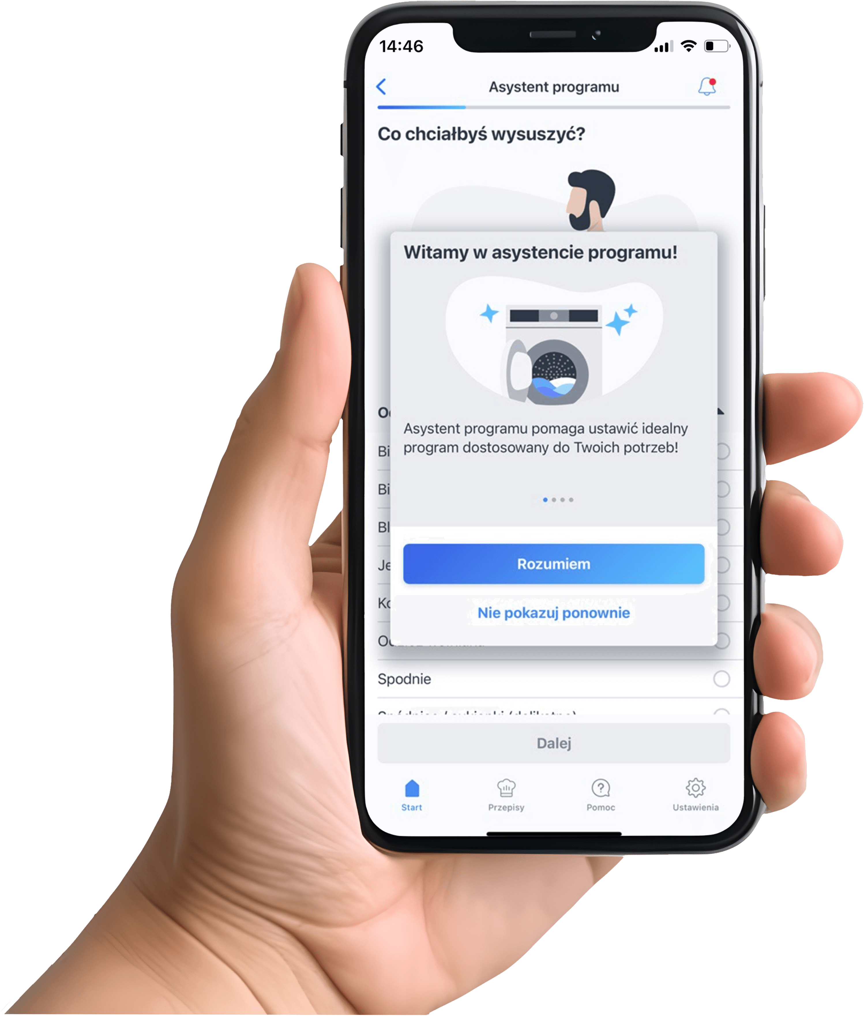 Smartfon z aplikacją Home Connect do zdalnego sterowania urządzeniami AGD Bosch. W tle pralka i suszarka Bosch.