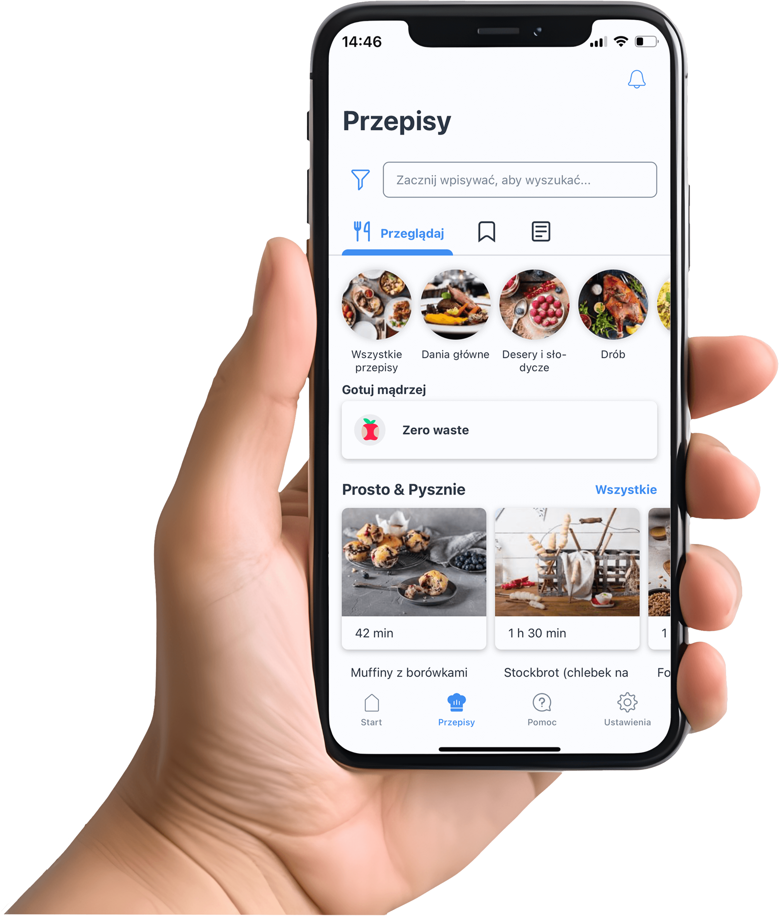 Smartfon z aplikacją Home Connect z otwartą zakładką z przepisami. W tle otwarty piekarnik.